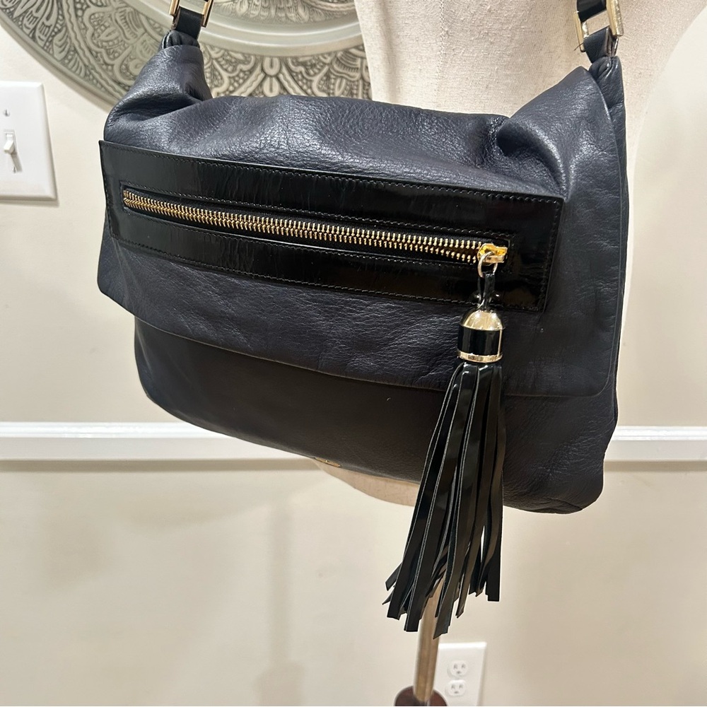 Anya Hindmarch Black Leather Shoulder Bag with Brown Strap and Tassel - Picture 3 of 12